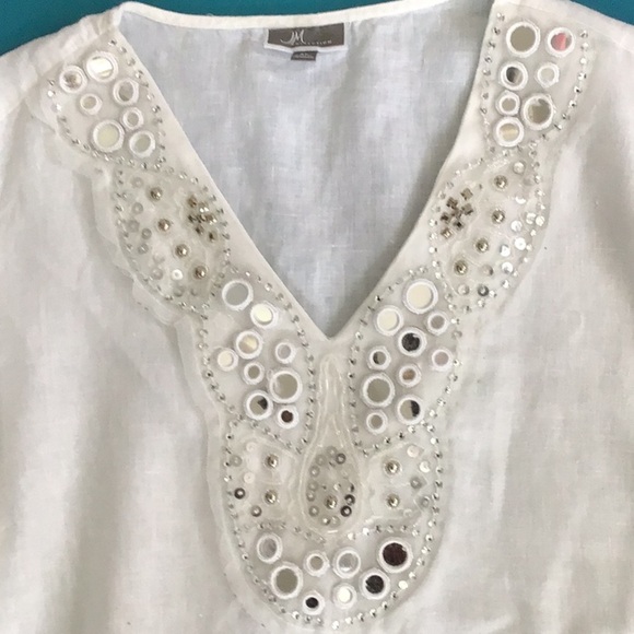 JM Collection White Linen V-Neck 3/4 sleeve Mirror & Sequins Neck Boho Tunic XL - Picture 2 of 7